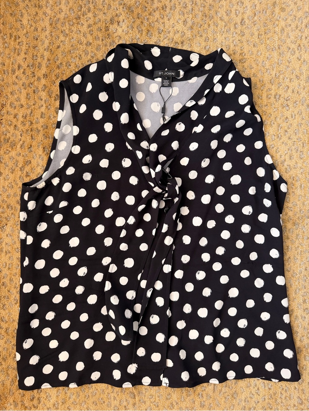 St. John Black and White Polka Dot Sleeveless Tie-Neck Camisole